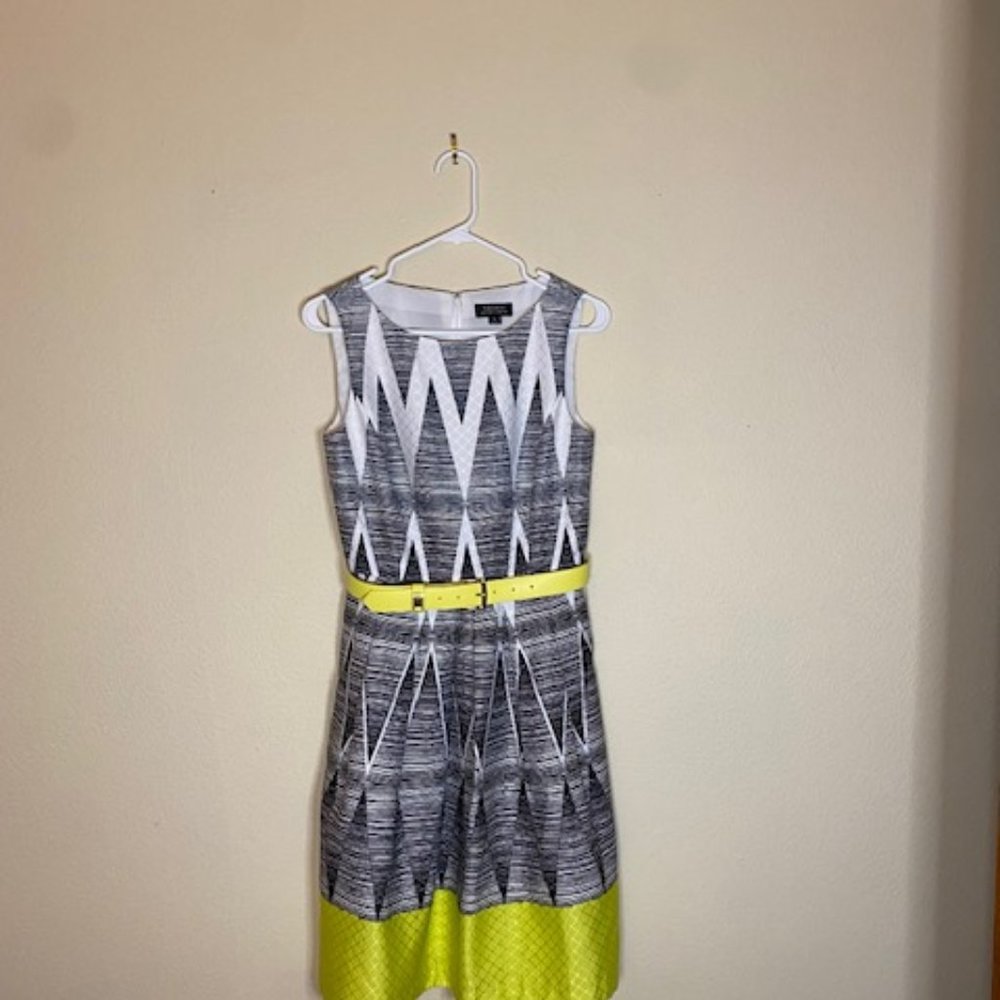 Tahari Women's Sleeveless Belted Dress Black/Yellow/White  Size 4